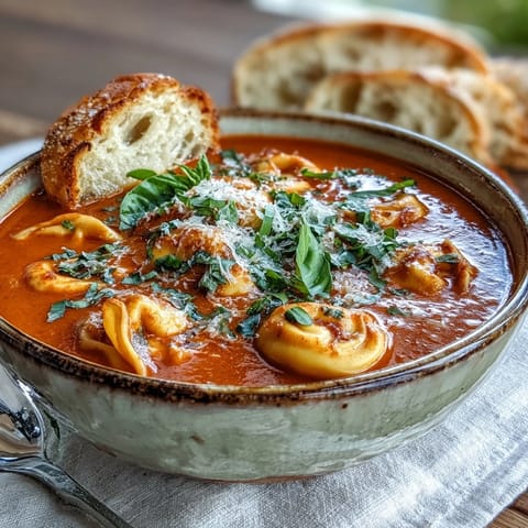 Creamy roasted tomato tortellini soup, a rich bowl topped with fresh basil and Parmesan.
