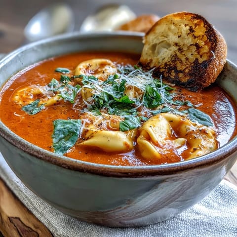 Hearty Italian-American vegetarian soup featuring tender tortellini and sweet roasted tomatoes.
