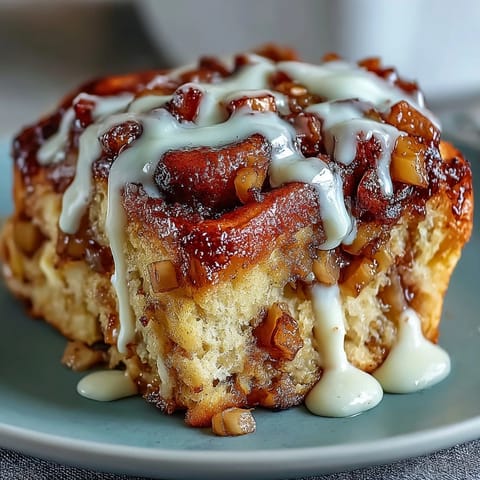 Golden baked Apple Butter Cinnamon Roll Bake oozing with gooey apple filling.