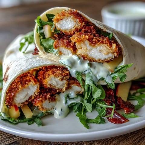 Savory Crispy Chicken Apple Cheddar Wraps filled with fresh greens and cheese.