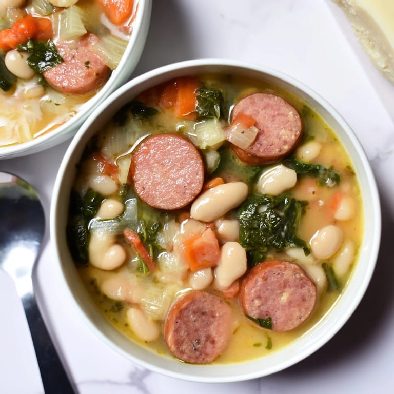 Warm and comforting Cheesy Sausage and White Bean Soup featuring sausage, beans, and vegetables.