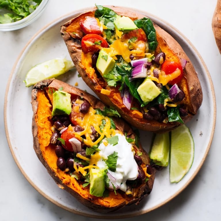 A close-up of delicious loaded baked sweet potatoes with avocado and black beans is shown.