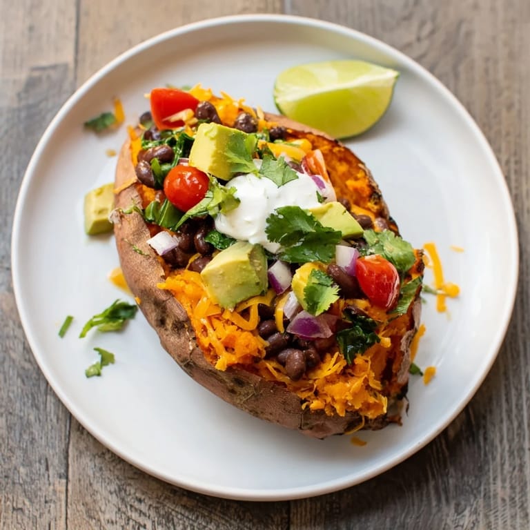 Savory loaded baked sweet potatoes are styled with fresh cilantro, ready to be enjoyed.