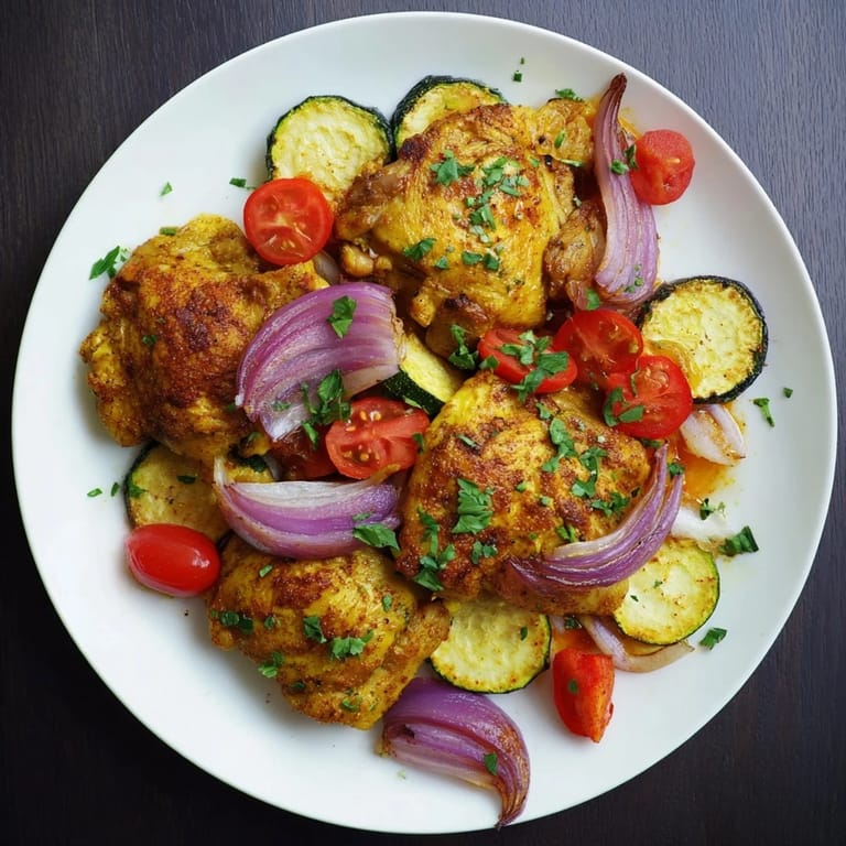 Fragrant and flavorful Sheet Pan Chicken Shawarma with tender chicken thighs and crispy veggies, fresh from the oven.
