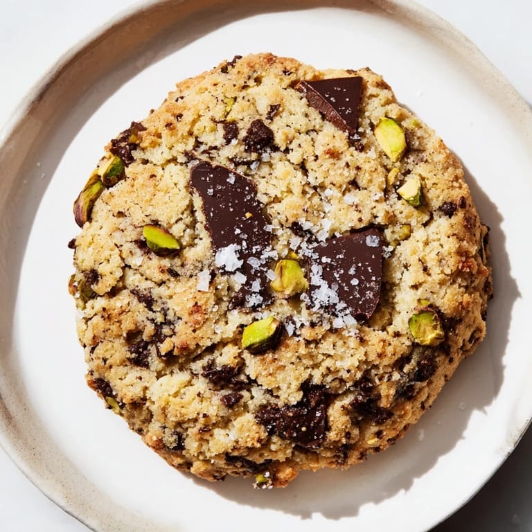 Close-up of buttery, crumbly salted pistachio chocolate chunk shortbread, sprinkled with flaky sea salt and ready to eat.