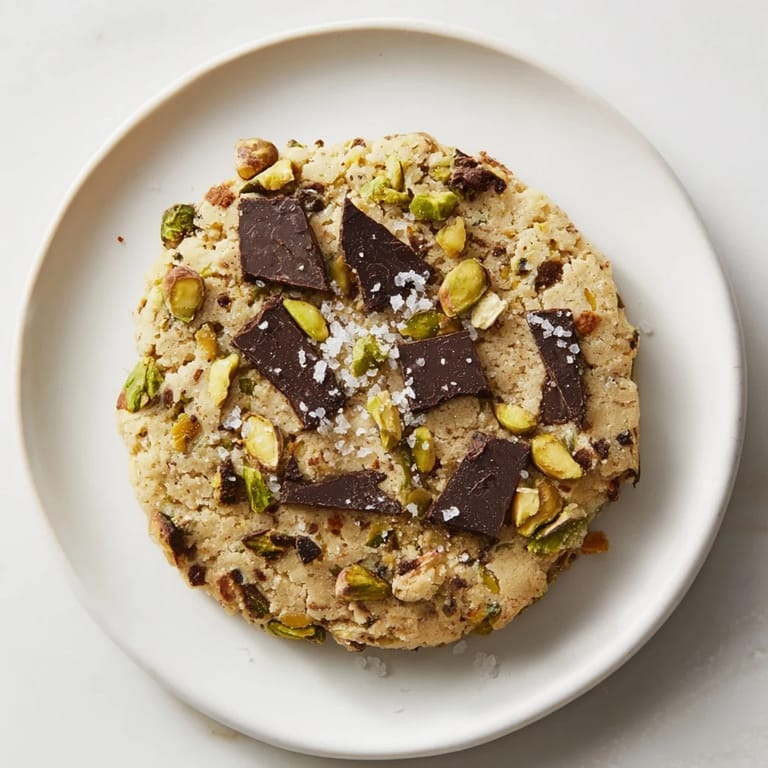 Freshly baked salted pistachio chocolate chunk shortbread, oozing rich chocolate, and appealingly textured with nuts.