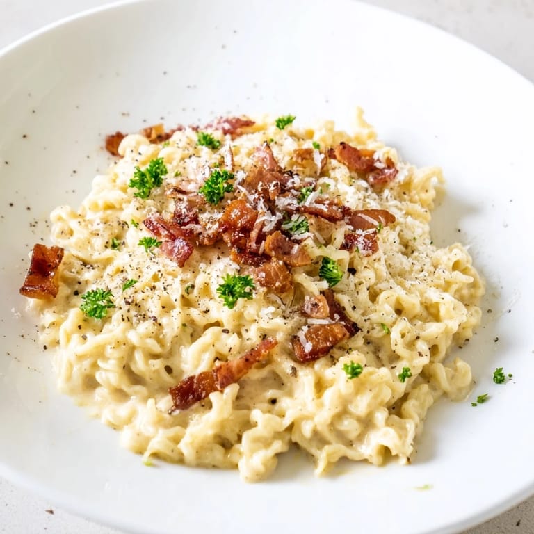 Quick and easy Instant Pot Carbonara Ramen: a comforting bowl topped with fresh parsley.