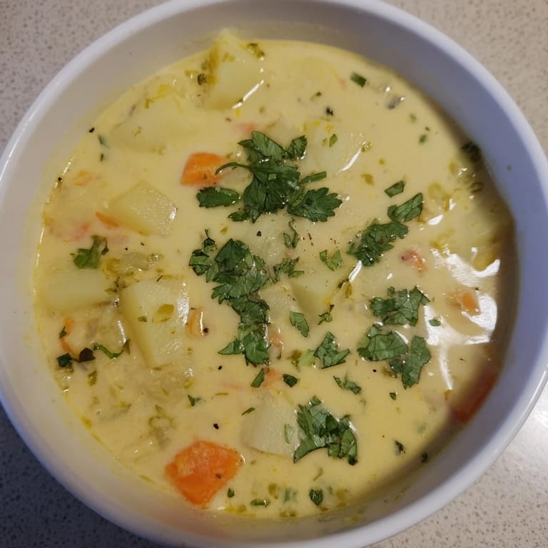 A close-up of a bowl filled with comforting Creamy Curry Comfort Potato Soup, perfect for a cold day.