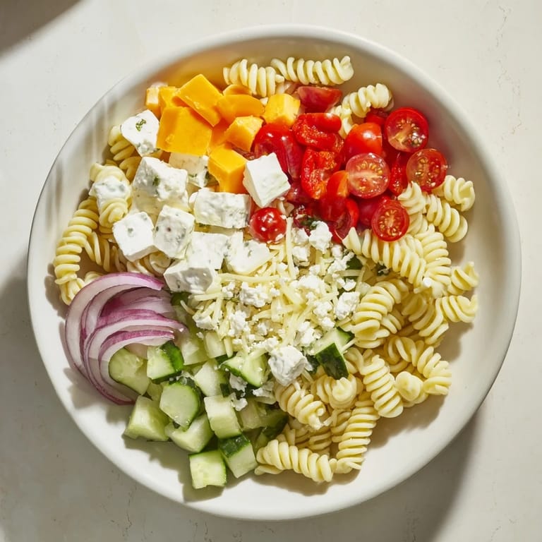 A bowl of Greek Yogurt Million Dollar Christmas Pasta Salad with cheese, tomatoes, and cucumber, very appetizing.