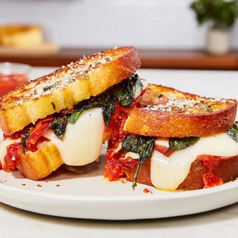 Golden-brown Air Fryer Pizza Margherita Grilled Cheese with a perfectly toasted crust, oozing cheese.