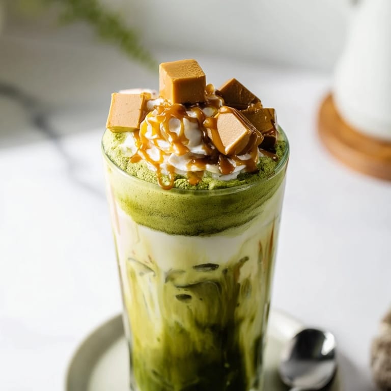Cold and refreshing, a homemade Caramel Brulée Iced Matcha Christmas Coffee Dupe, perfect for the holidays.
