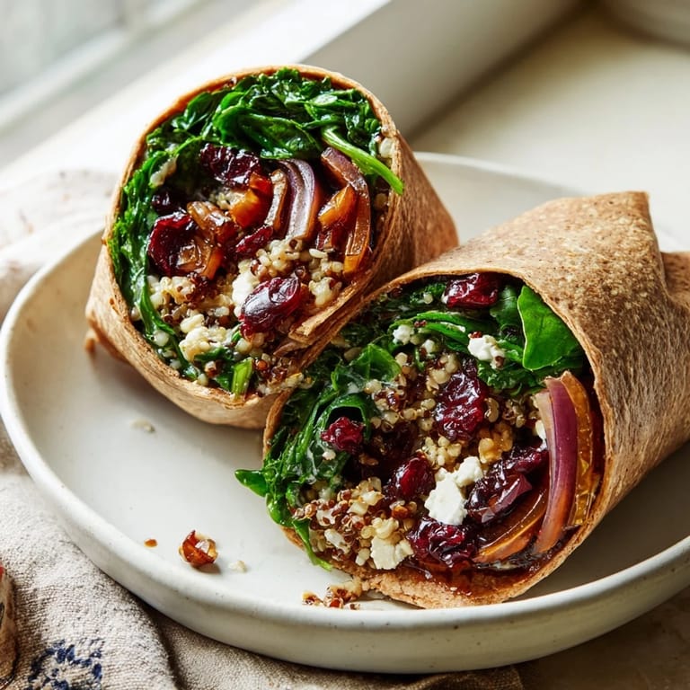 Vibrant image shows a sliced Roasted Brussels Sprouts & Cranberry Grain Wrap, showcasing the colorful fillings and grains.