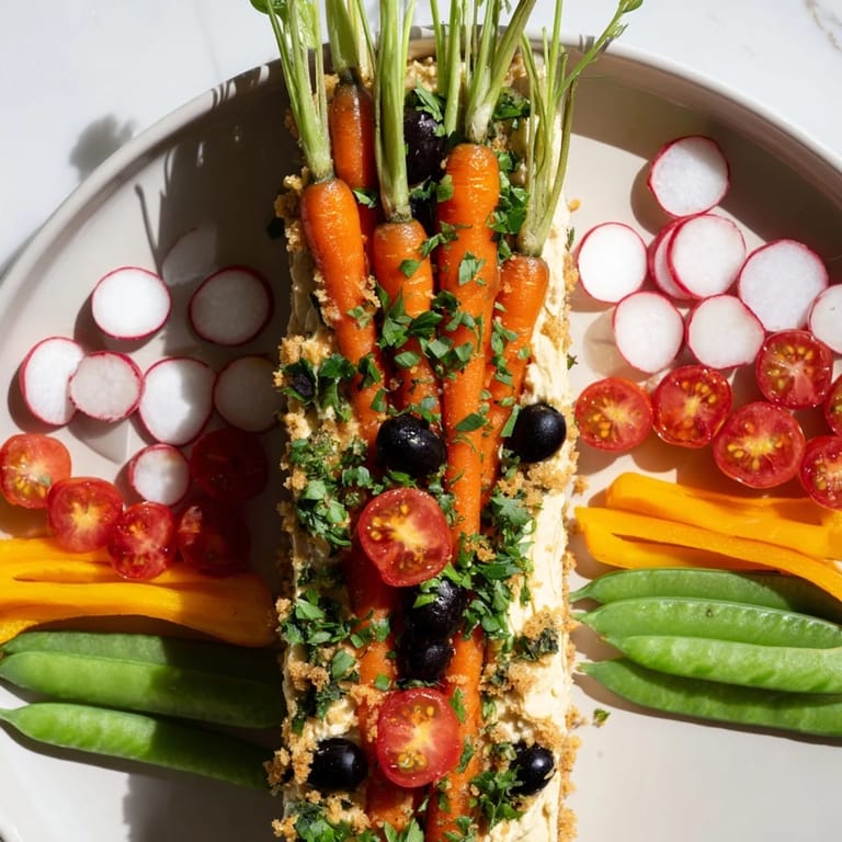 The delightful carrot patch veggie board showcases carrots standing among peas, tomatoes, and a hummus soil bed.