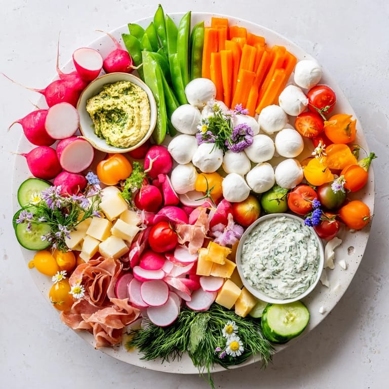 A Spring Wreath Appetizer Platter arranged on a round platter, featuring colorful vegetables, cheeses, and hummus.