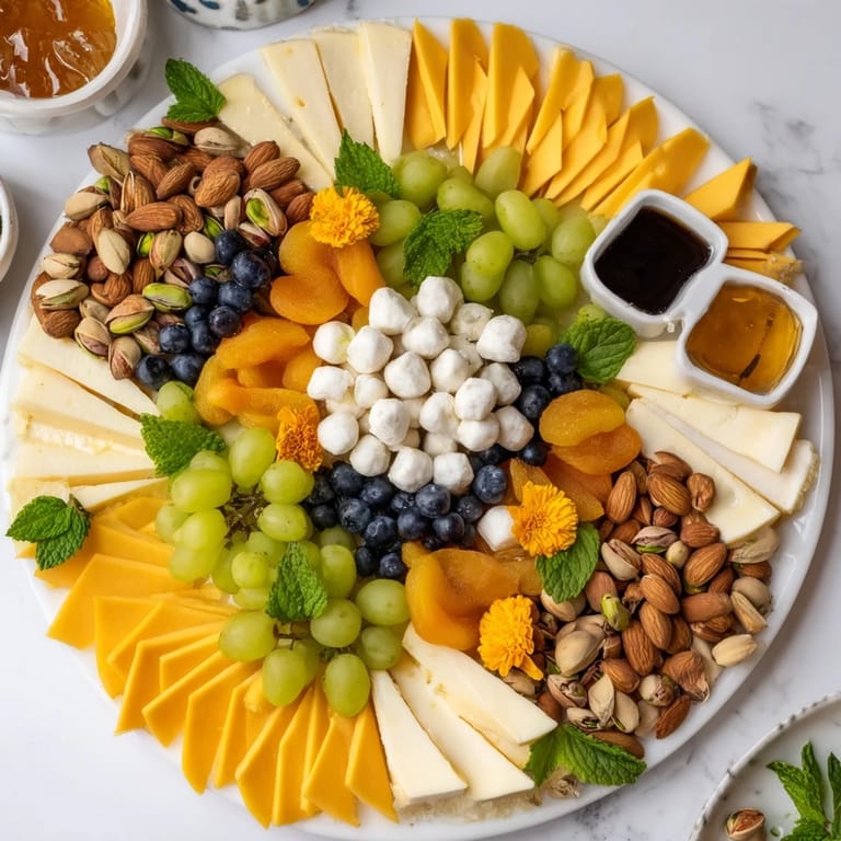 A beautifully presented Daffodil Cheese Board, featuring creamy brie and vibrant fruits perfect for sharing.