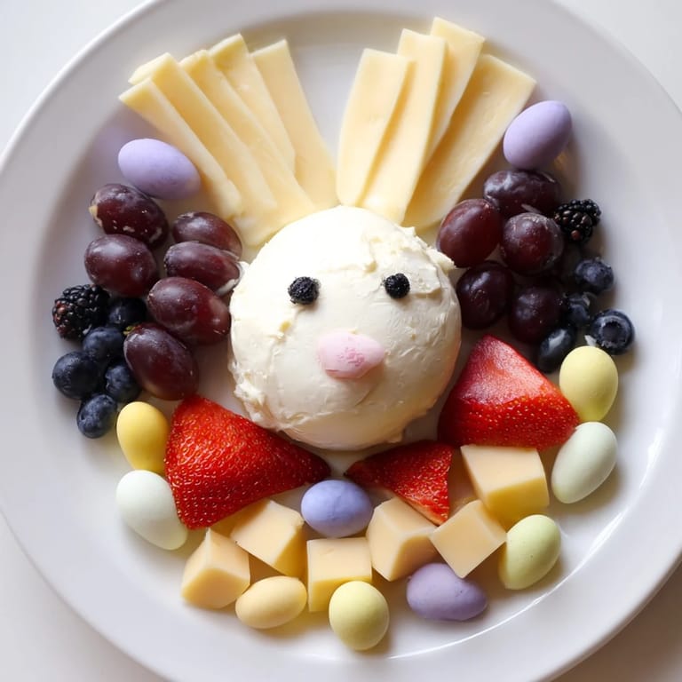 Vibrant Bunny Ears Easter Board featuring fresh berries, cheese, crackers, and pastel Easter candies for an amazing spread.