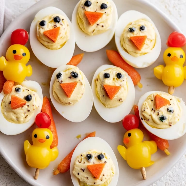 These colorful Chick & Duckling Snacks feature vibrant carrot beaks and peppercorn eyes on egg halves.