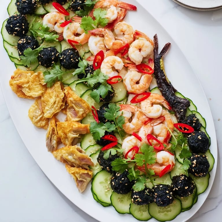 A visually stunning Mighty Dragon Lunar New Year Board with colorful vegetables and dips for serving.