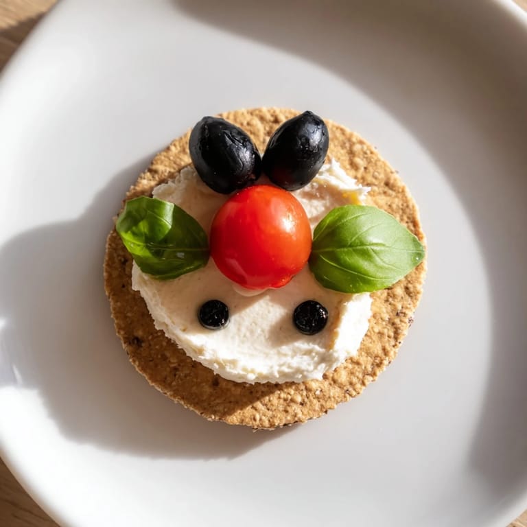 Delectable Ladybug Love Picnic Finger Foods with halved cherry tomatoes and black olive heads on crackers.