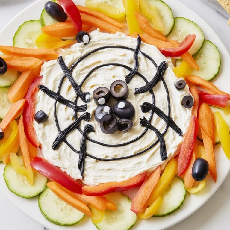 Delicious Halloween appetizer: a fully assembled Creepy Crawly Spiderweb Platter with colorful veggies ready to dip.