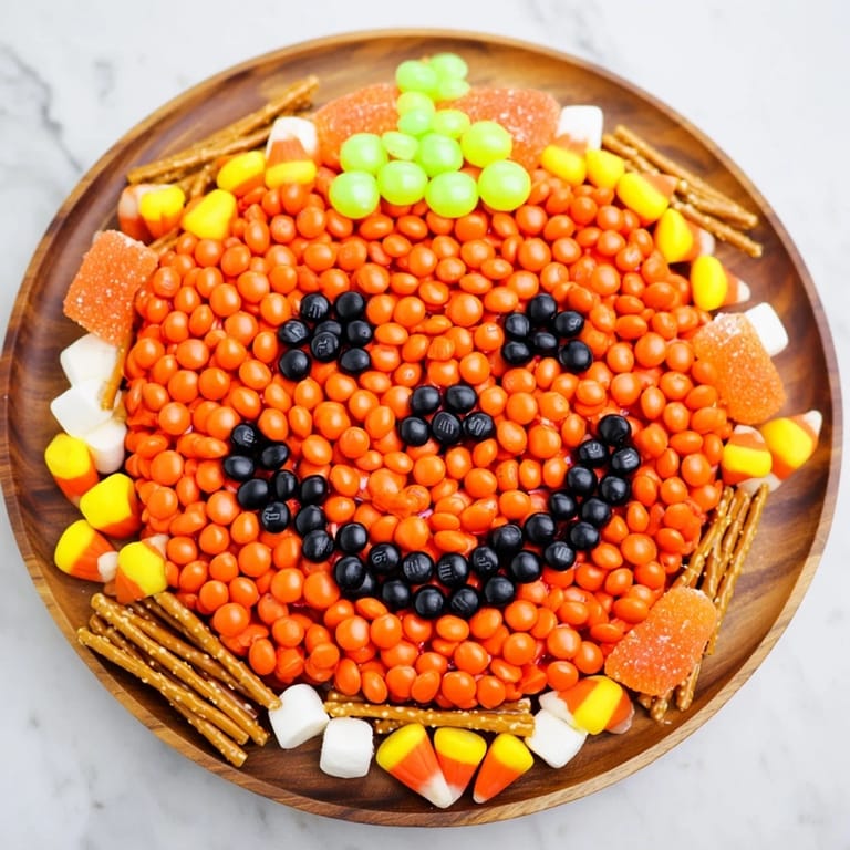 A whimsical Jack-o-Lantern Candy Board with orange candy forming a smiling pumpkin face, ready to serve.