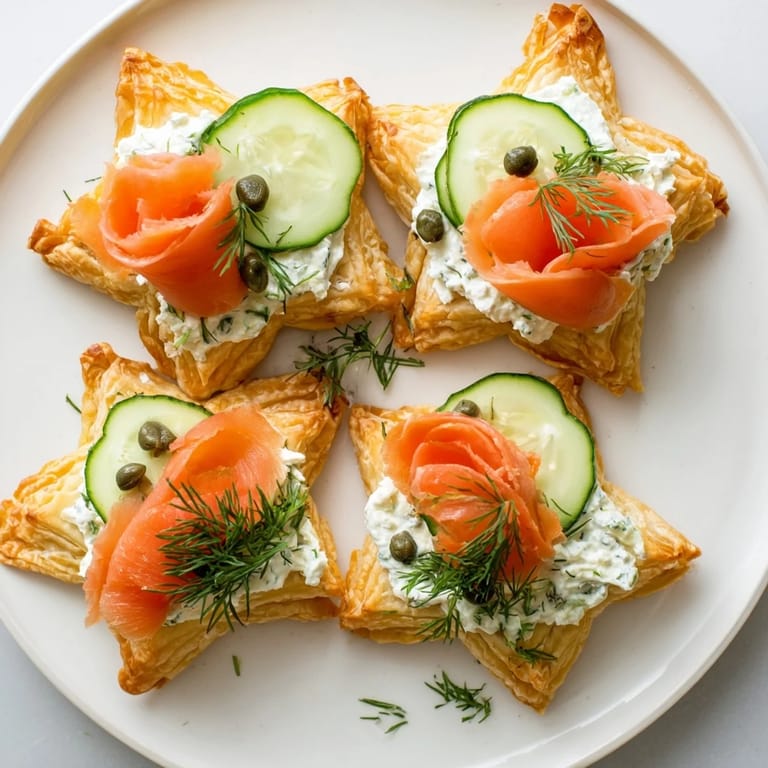Flaky, golden baked Étoiles Filantes stars are topped with salmon, ready for end of year delight.