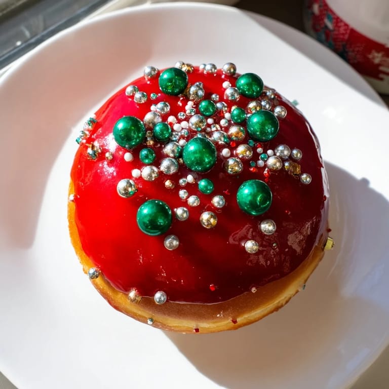 Freshly fried Christmas Ornament Beignets, beautifully decorated with colorful icing and festive sprinkles for a treat.