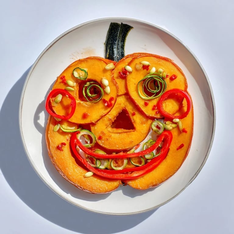 Festive Pumpkin Lantern Plate with roasted pumpkin arranged as a jack o'lantern, ready to enjoy.