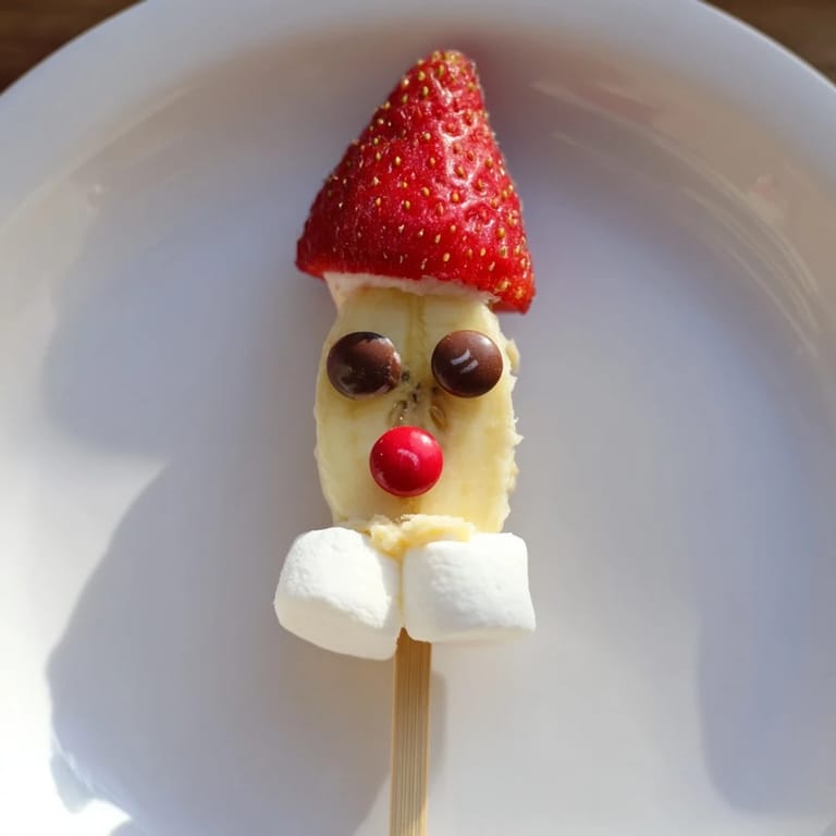 Delicious banana Santa Snack Sticks: sweet, sliced bananas face jovial strawberry hats and chocolate chip eyes.