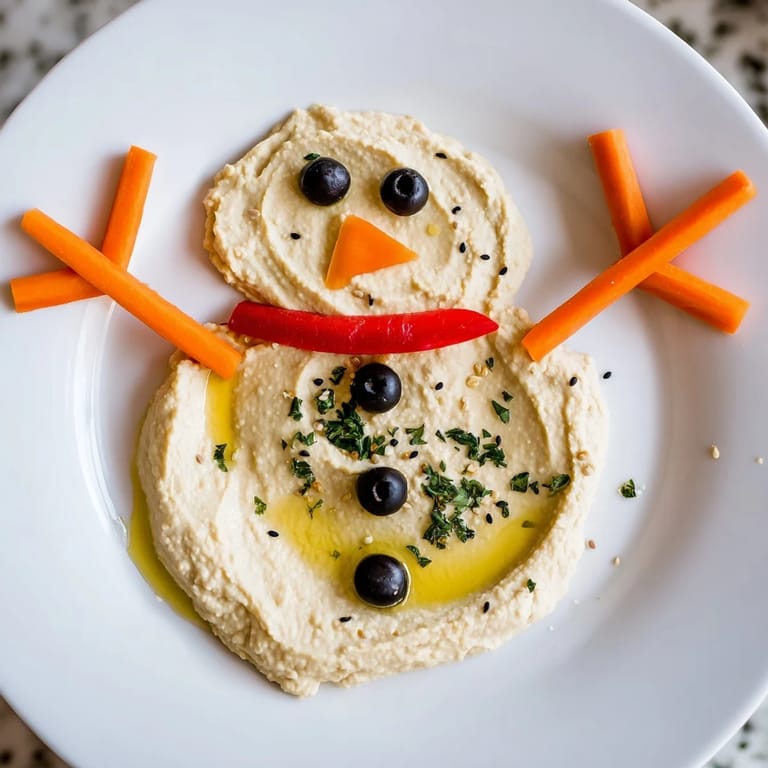 The creamy, textured Melted Snowman Hummus Platter, a delightful winter dip with veggie dippers nearby.