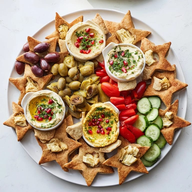 A beautifully arranged Three Kings Star Pita Board, featuring crispy pita stars, creamy hummus, and fresh herbs.