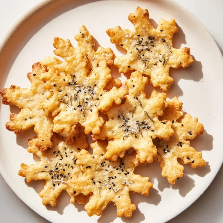 Crispy snowflake-shaped gourmet crackers topped with flaky salt, perfect for an elegant appetizer platter.
