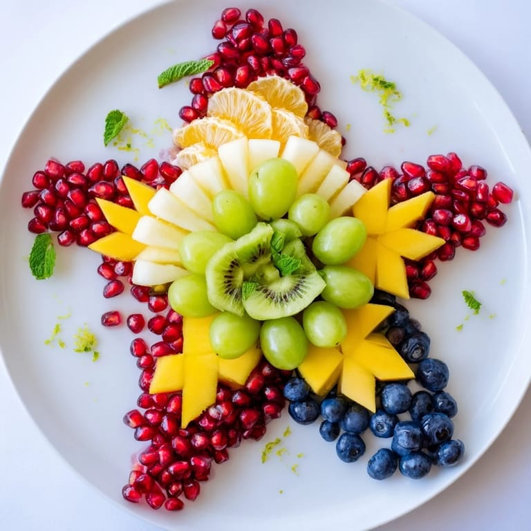 Enjoy a delightful Pomegranate and Mint Star Fruit Platter showcasing juicy pomegranate and sweet mango, ready to serve and enjoy.