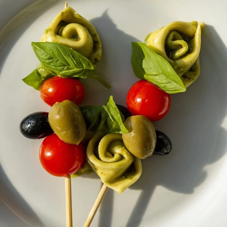 These appetizing Tortellini, Pesto, and Olive Skewers are ready to serve with a drizzle of pesto.
