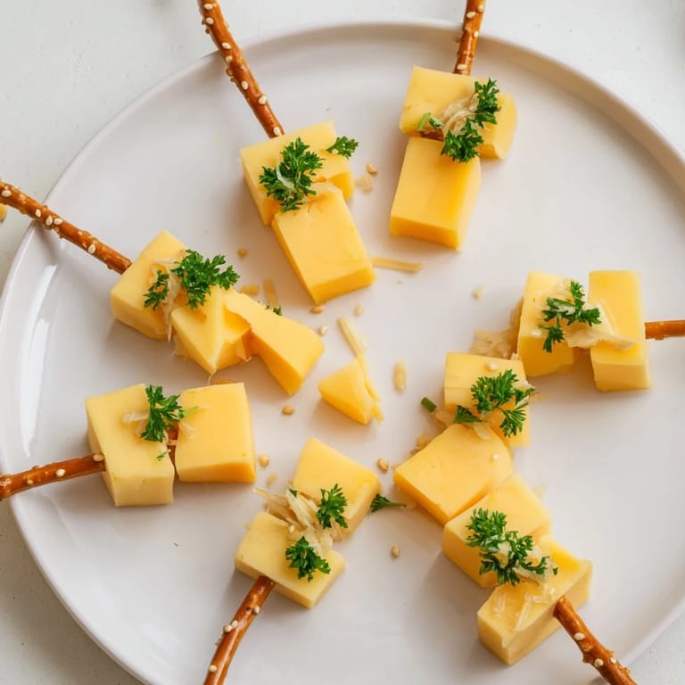Close up shot: The creamy sharp cheddar cubes make this Cheddar Cubes and Pretzel Stick Sparklers recipe appetizing.