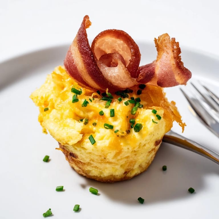 Muffin tin holds six beautiful Scrambled Egg Cups, each topped with a delicate bacon strip.