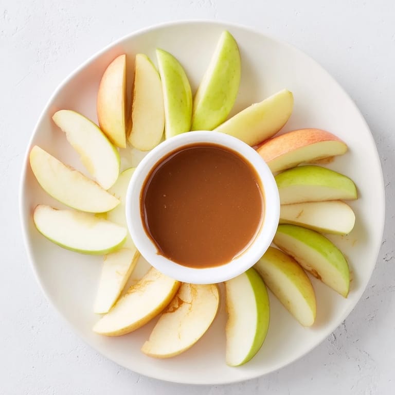 Golden-brown Apple Slices with Caramel Dip served on a platter, showcasing rich, creamy caramel center.