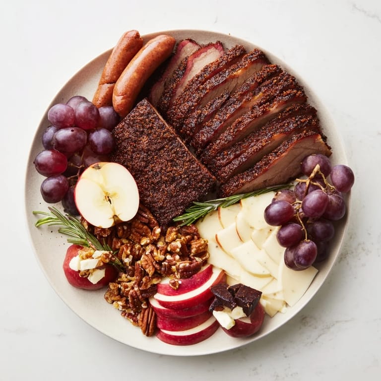 The vibrant charcuterie board offers a mouthwatering Smoky BBQ & Bourbon Companion with grilled meats and creamy cheeses.