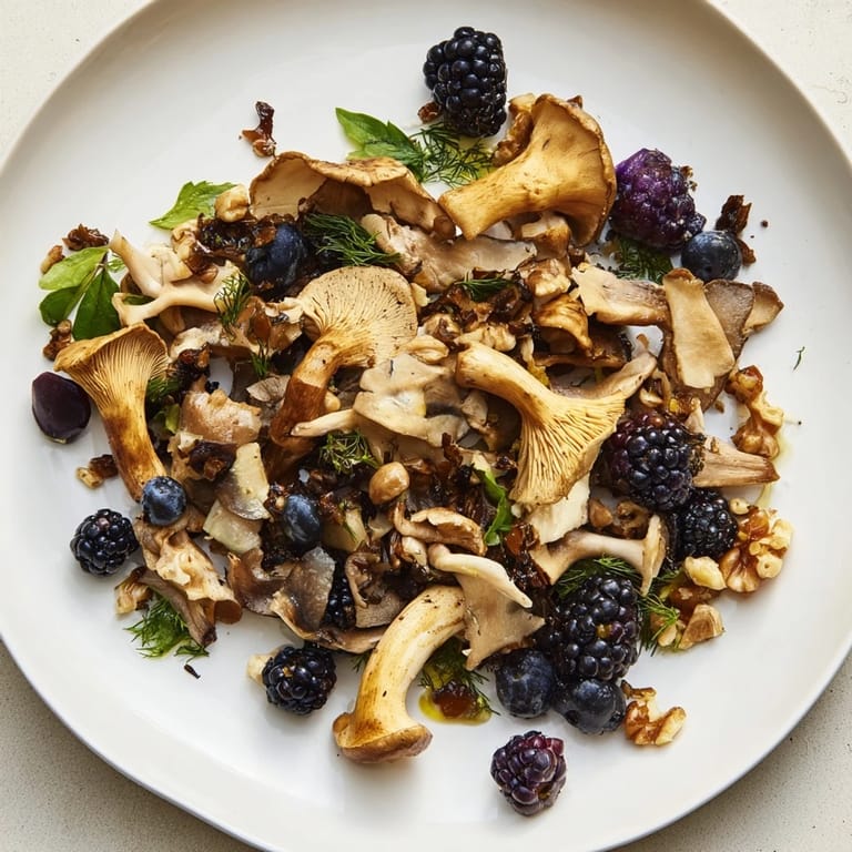 Earthy, artistic presentation of the Northwest Forest Forager appetizer, showcasing fresh herbs and dark berries.