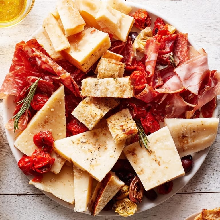 Enjoy a visual feast of the Rustic Italian Farmhouse Board, overflowing with cured meats, cheeses, and crusty bread.