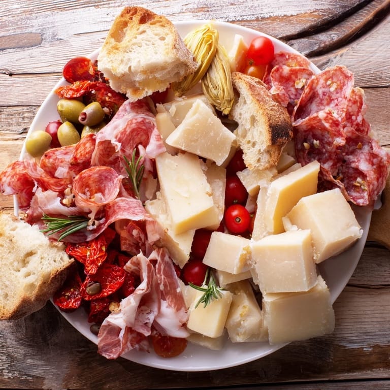 This Rustic Italian Farmhouse Board presents a delicious arrangement of Italian flavors, perfect for a casual gathering.
