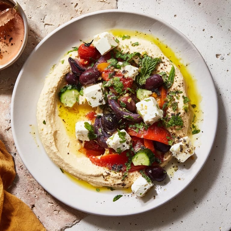 A delicious Mediterranean Mezza Platter with hummus, baba ganoush, feta, and fresh herbs, ready to share.