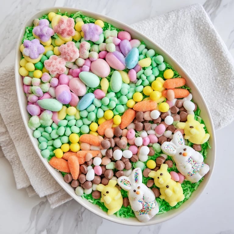 Visually stunning Egg-Shaped Candy Platter featuring pastel chocolate eggs and vibrant jelly beans for sharing.