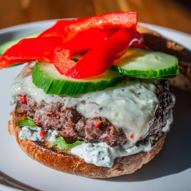 Mouthwatering image showcases a Fire & Ice Burger with a fiery kick, balanced by cooling cucumber slices.