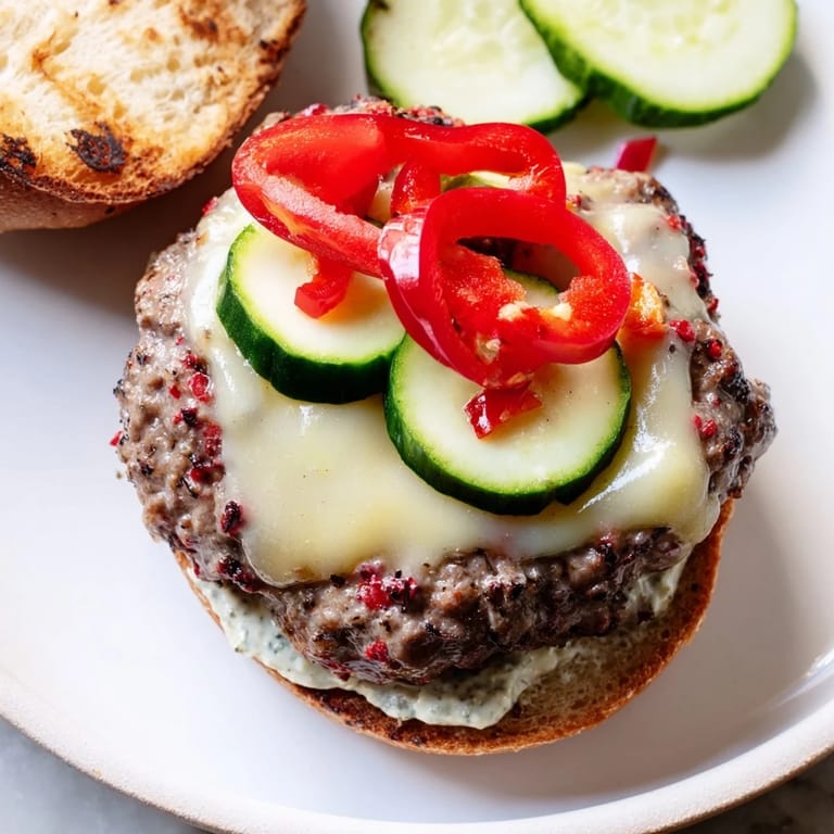 Close-up of a loaded Fire & Ice Burger, sizzling beef patty, creamy yogurt, and colorful toppings.