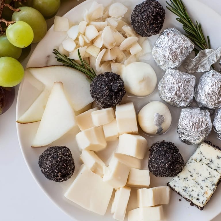 A visually stunning The Silver Screen cheese board, featuring creamy cheeses and glistening silver chocolate truffles await.