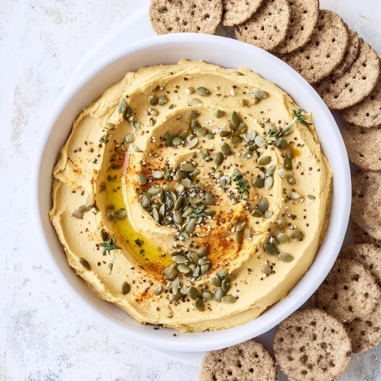 Enjoy The Sandstone Canyon recipe, a visually stunning appetizer with hummus and crackers, garnished with fresh herbs.