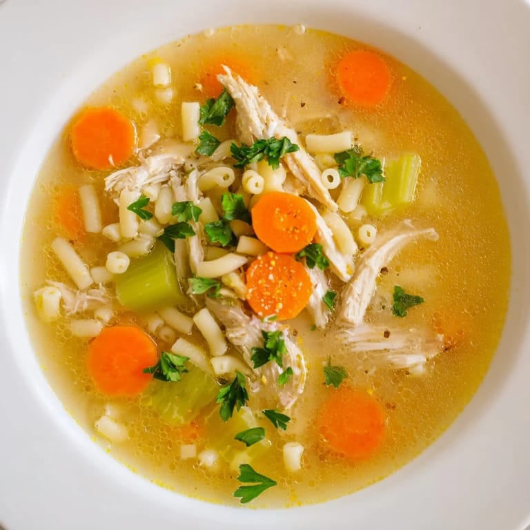 Delicious Chicken and Ditalini Flu Fighter Soup, rich with vegetables and hearty chicken, ready to eat.