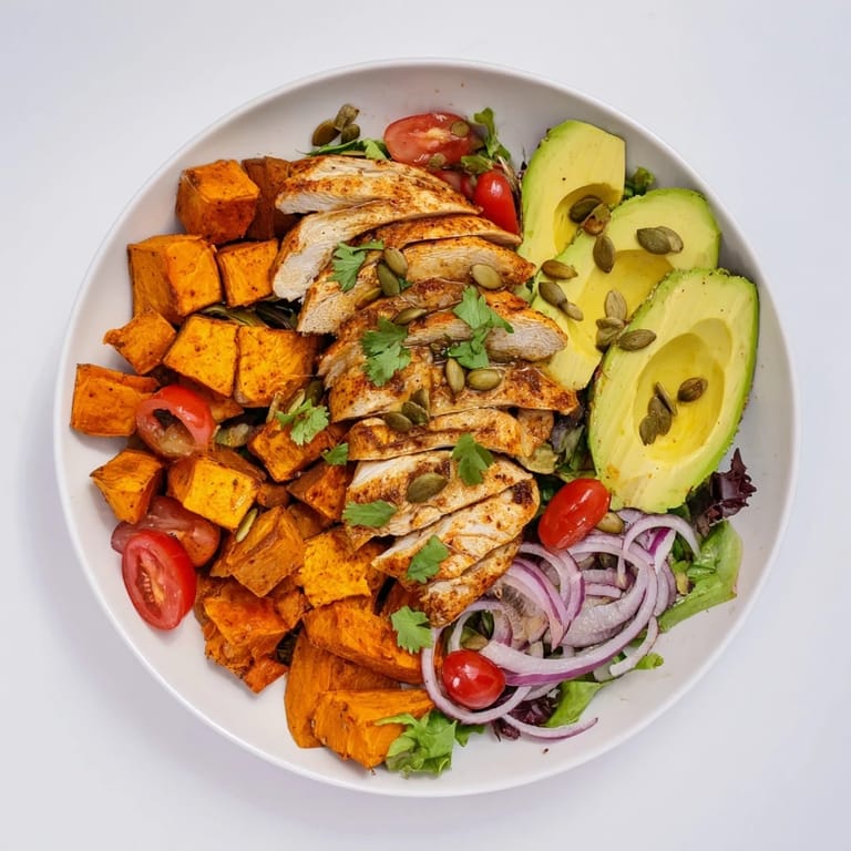 A colorful Avocado and Sweet Potato Chicken Bowl, featuring a delicious drizzle of spicy hot honey.
