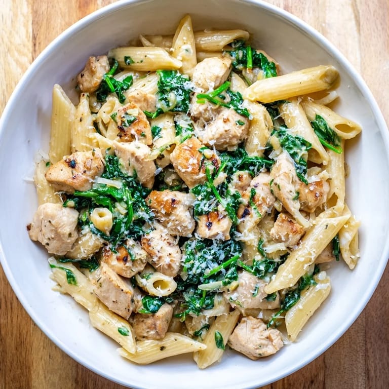 A steaming bowl of One-Pot Spinach and Chicken Pasta, brimming with fresh, green spinach and pasta.